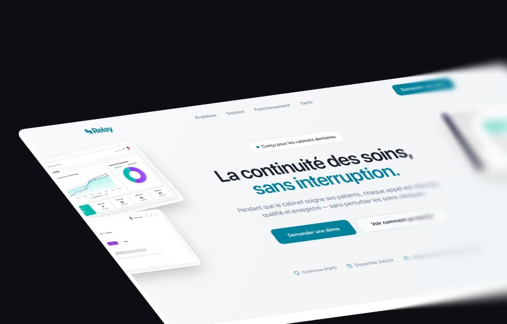 Relay landing page — dental practice solution, dashboard and demo