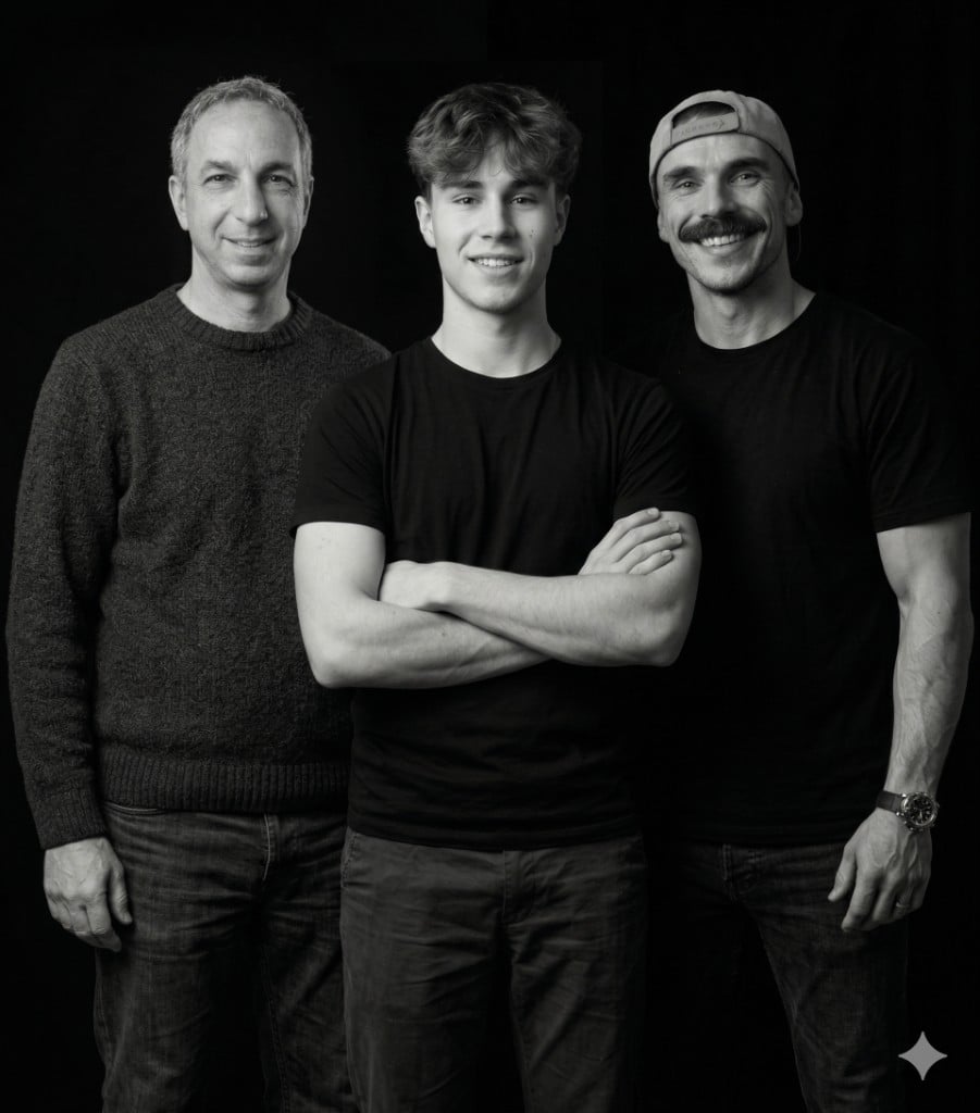 Studio portrait of the Lemmacorp team, three people on a black background