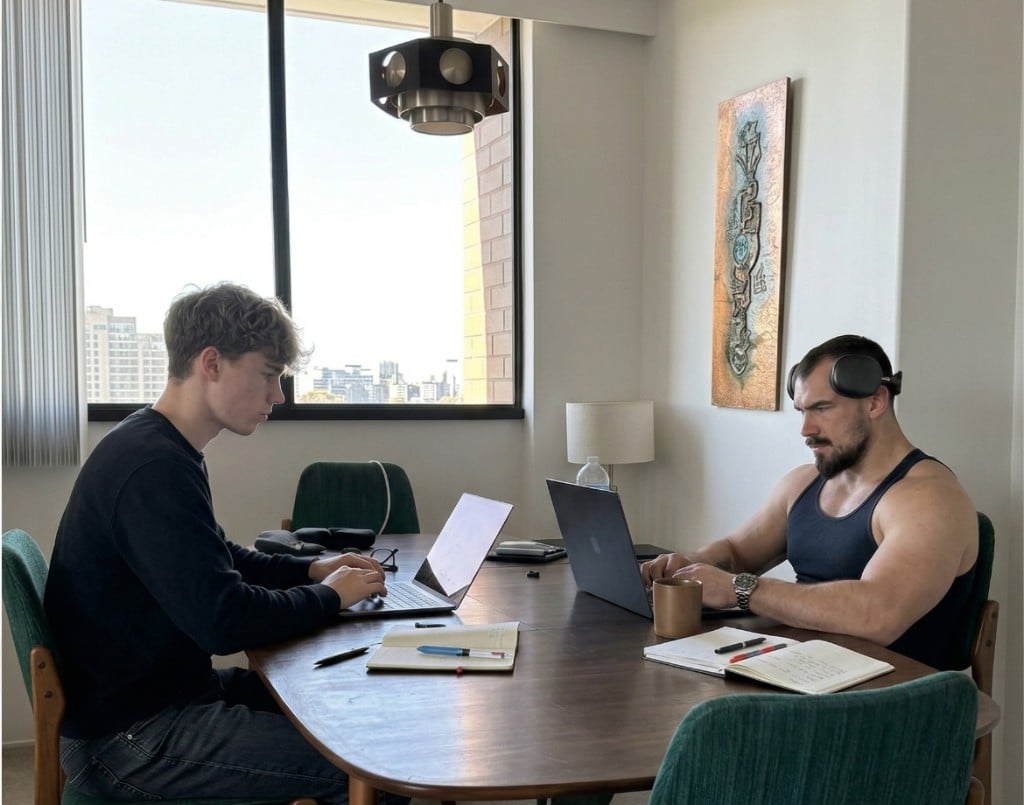 Two men working on laptops at a dark oval wooden table in a bright room with a city view through a large window and a modern pendant lamp overhead