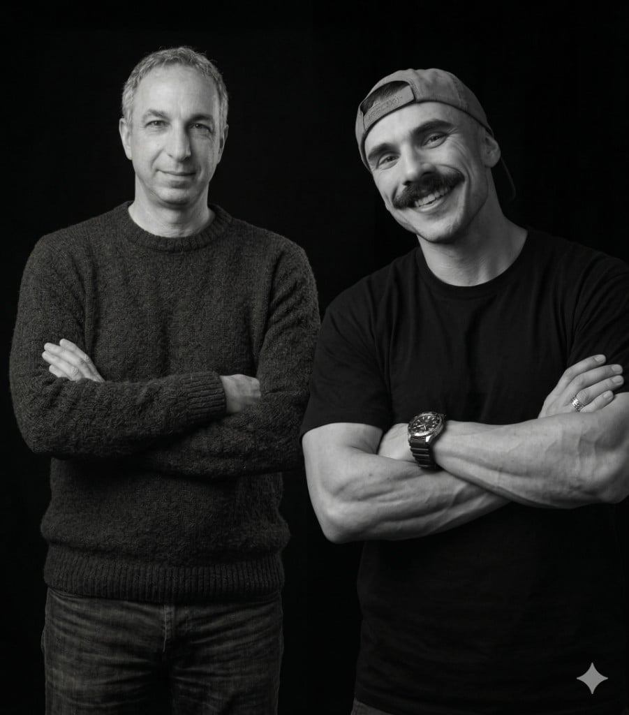 Black-and-white studio portrait of two smiling men with arms crossed on a black background